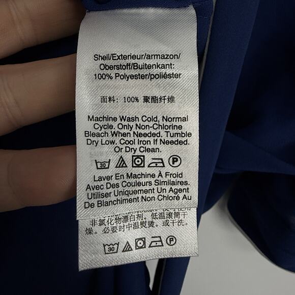 DKNY Chiffon Tie Neck Short Sleeve Button Up Blouse size Large Blue white Trim - Picture 6 of 9